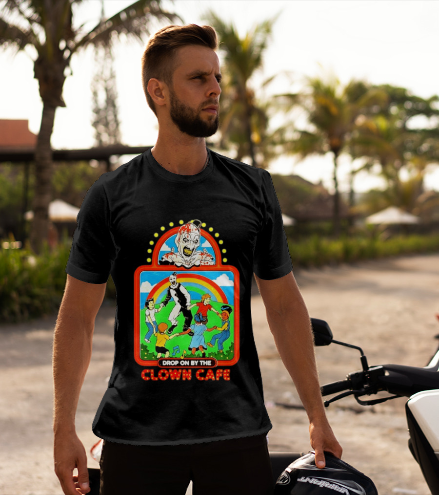 Drop On By The Clown Cafe Creepy Clown Horror With Rainbow And Dancing Kids T-Shirt