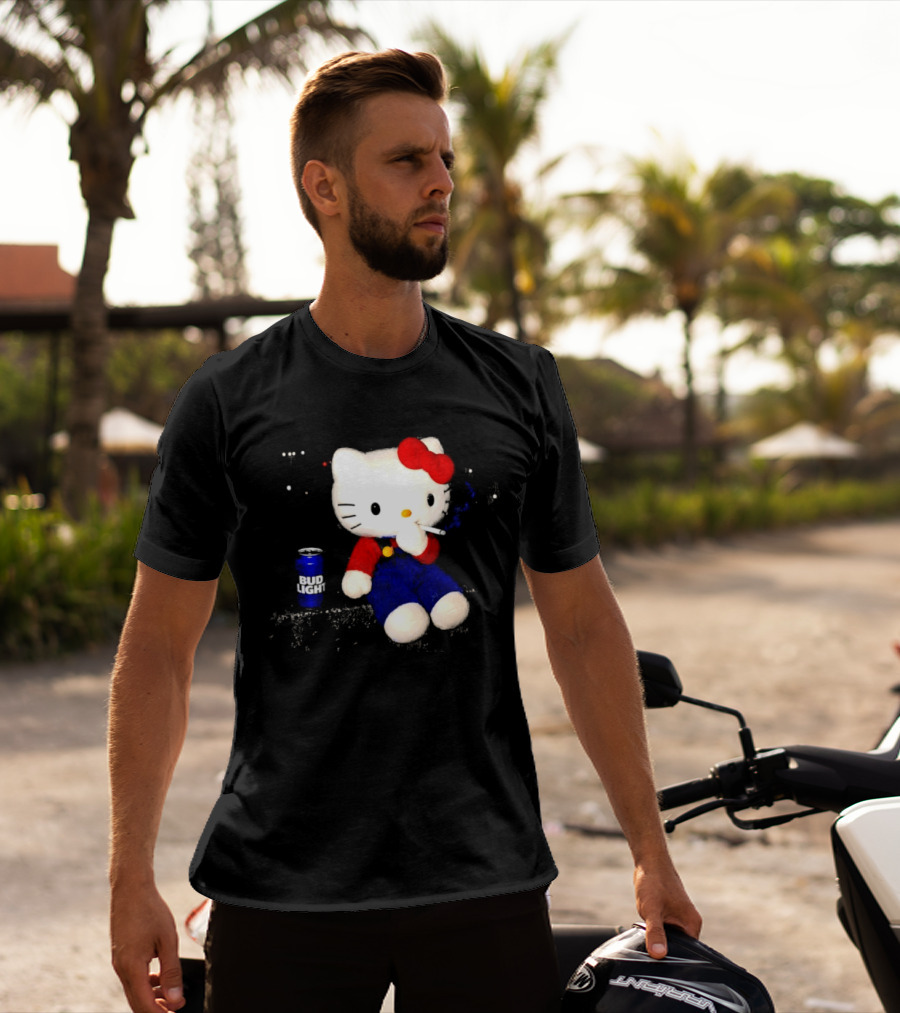 Hello Kitty With Smoking And Bud Light Can T-Shirt