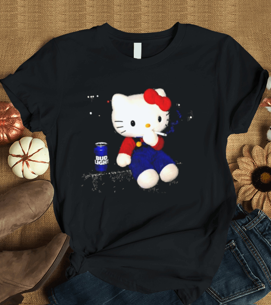 Hello Kitty With Smoking And Bud Light Can T-Shirt