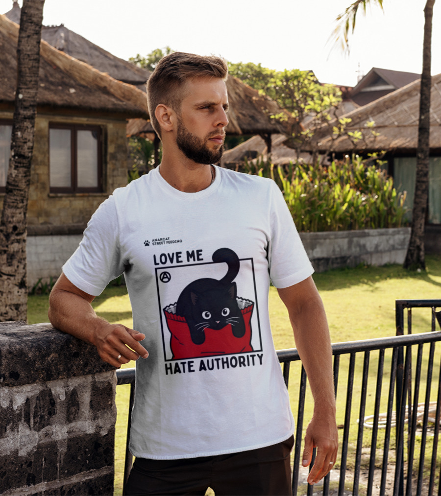 Anarcat Street Feeding Love Me Hate Authority Black Cat Red Bag T-Shirt