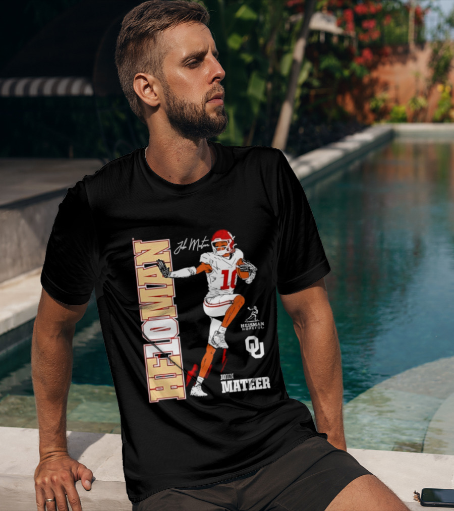HE10MAN J Mateer Oklahoma Sooners Heisman Stance Player Number 10 T-Shirt