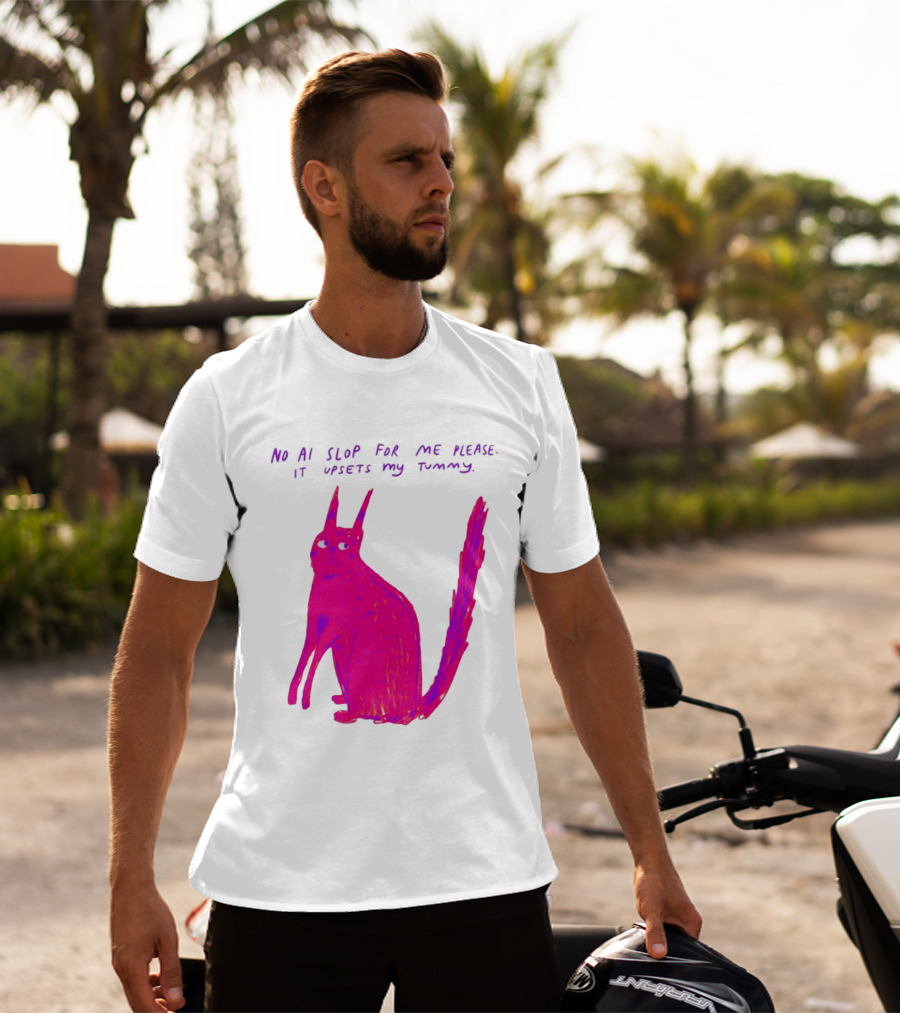 No AI Slop For Me Please It Upsets My Tummy Pink Cat T-Shirt