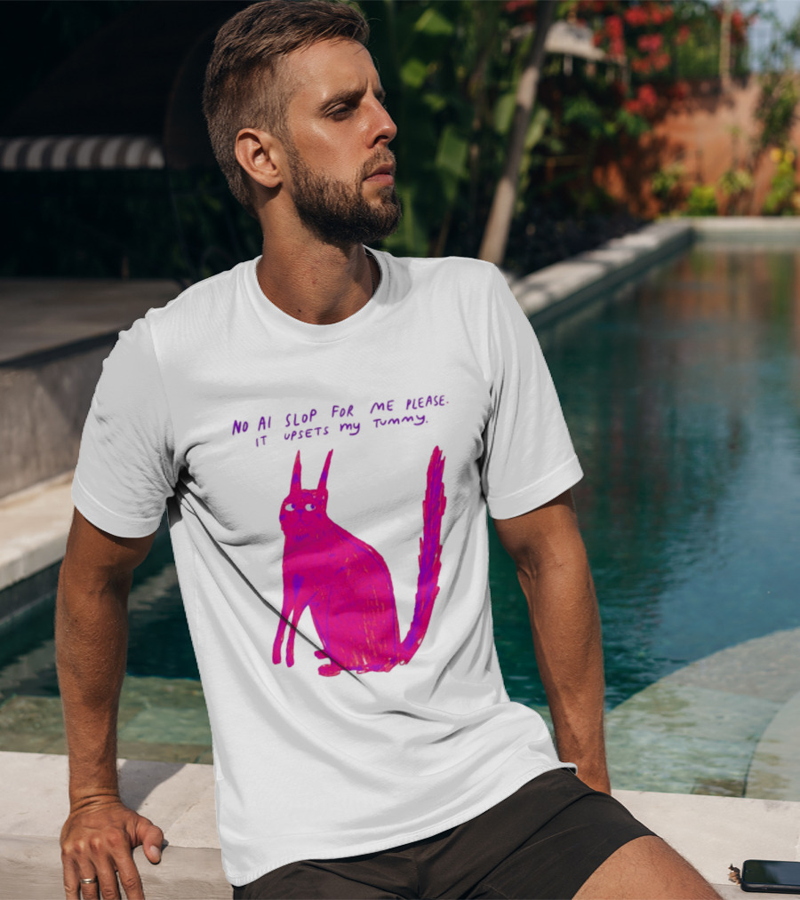 No AI Slop For Me Please It Upsets My Tummy Pink Cat T-Shirt