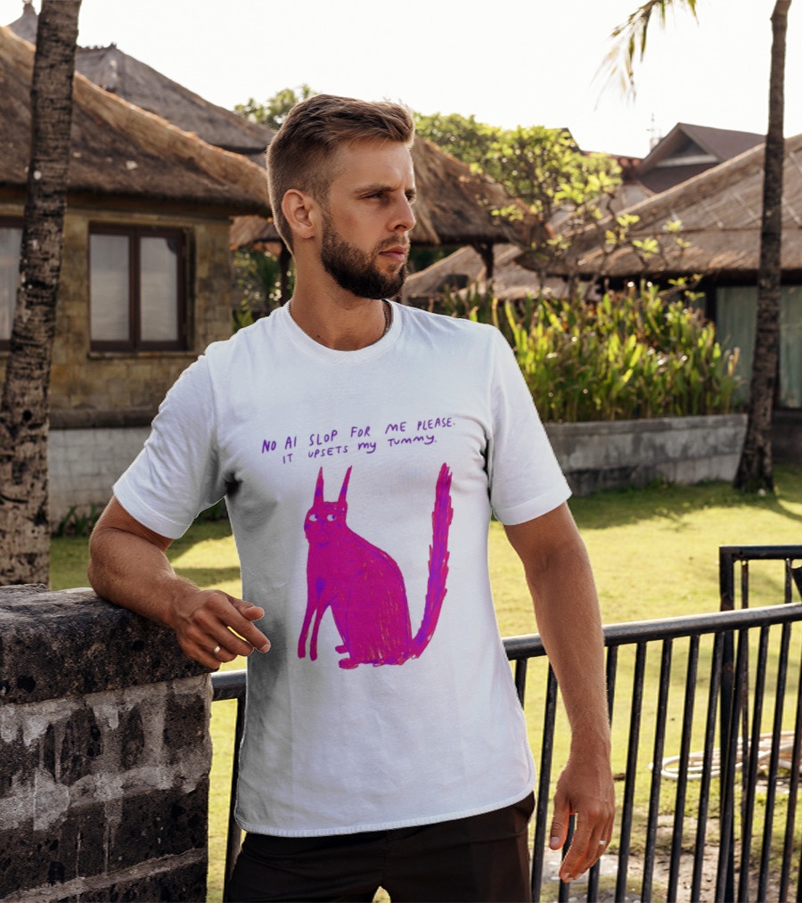 No AI Slop For Me Please It Upsets My Tummy Pink Cat T-Shirt