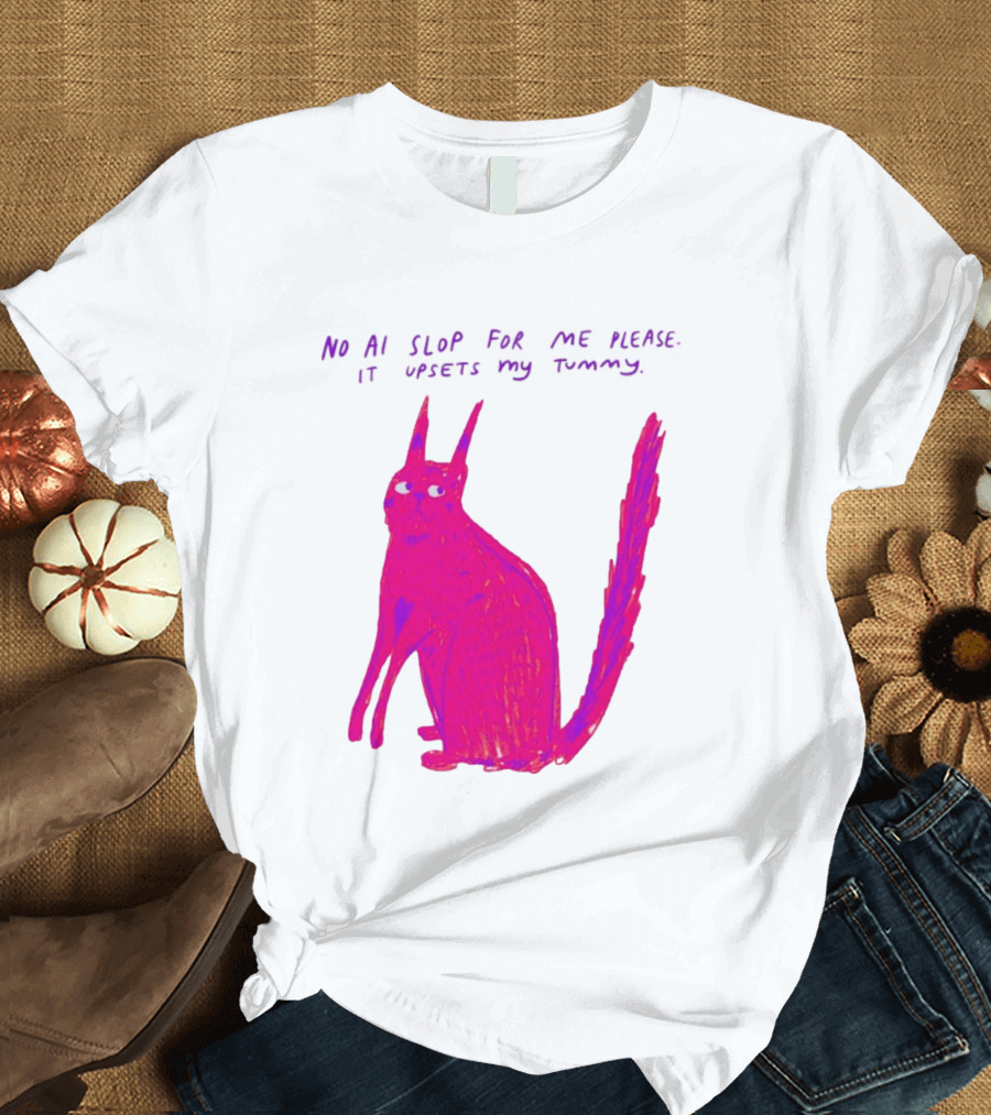 No AI Slop For Me Please It Upsets My Tummy Pink Cat T-Shirt