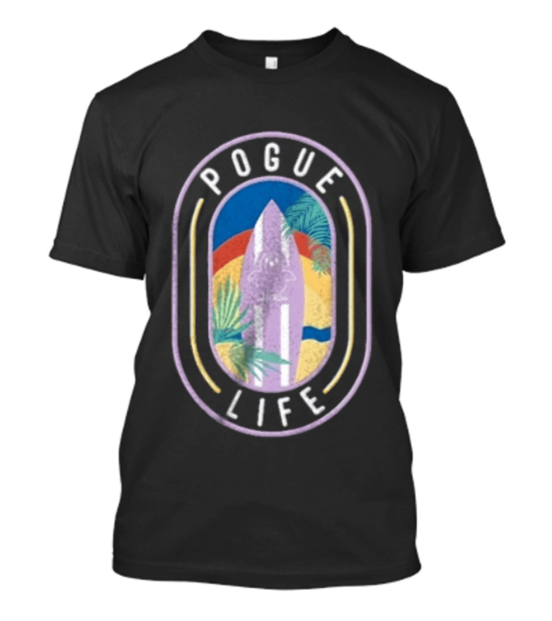 Pogue Life Surfboard And Palm Tree Colorful Tropical T-Shirt