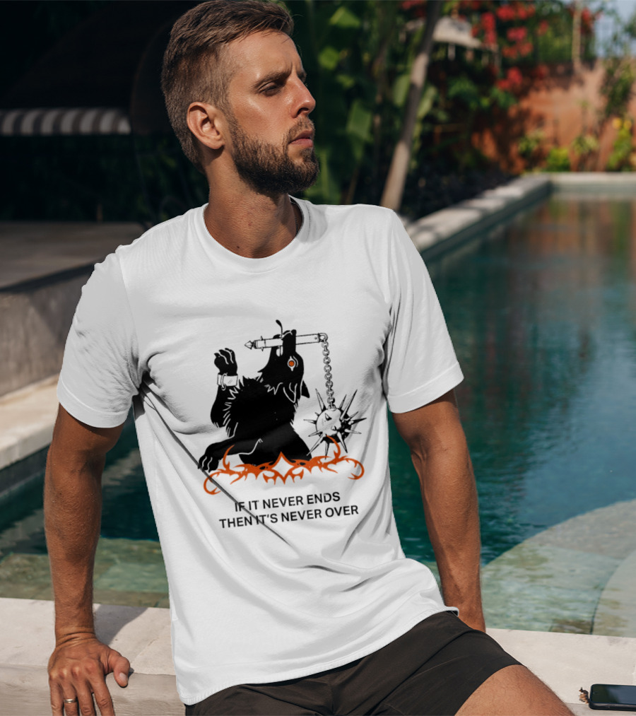 If It Never Ends Then It's Never Over Gothic Skeleton Warrior With Spiked Mace And Orange Flames T-Shirt