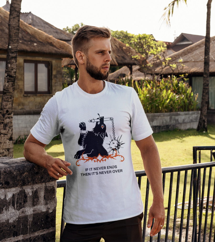 If It Never Ends Then It's Never Over Gothic Skeleton Warrior With Spiked Mace And Orange Flames T-Shirt