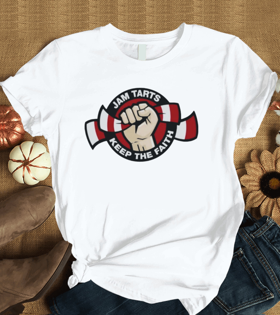 Jam Tarts Keep The Faith Fist Logo Red And White Ribbon T-Shirt