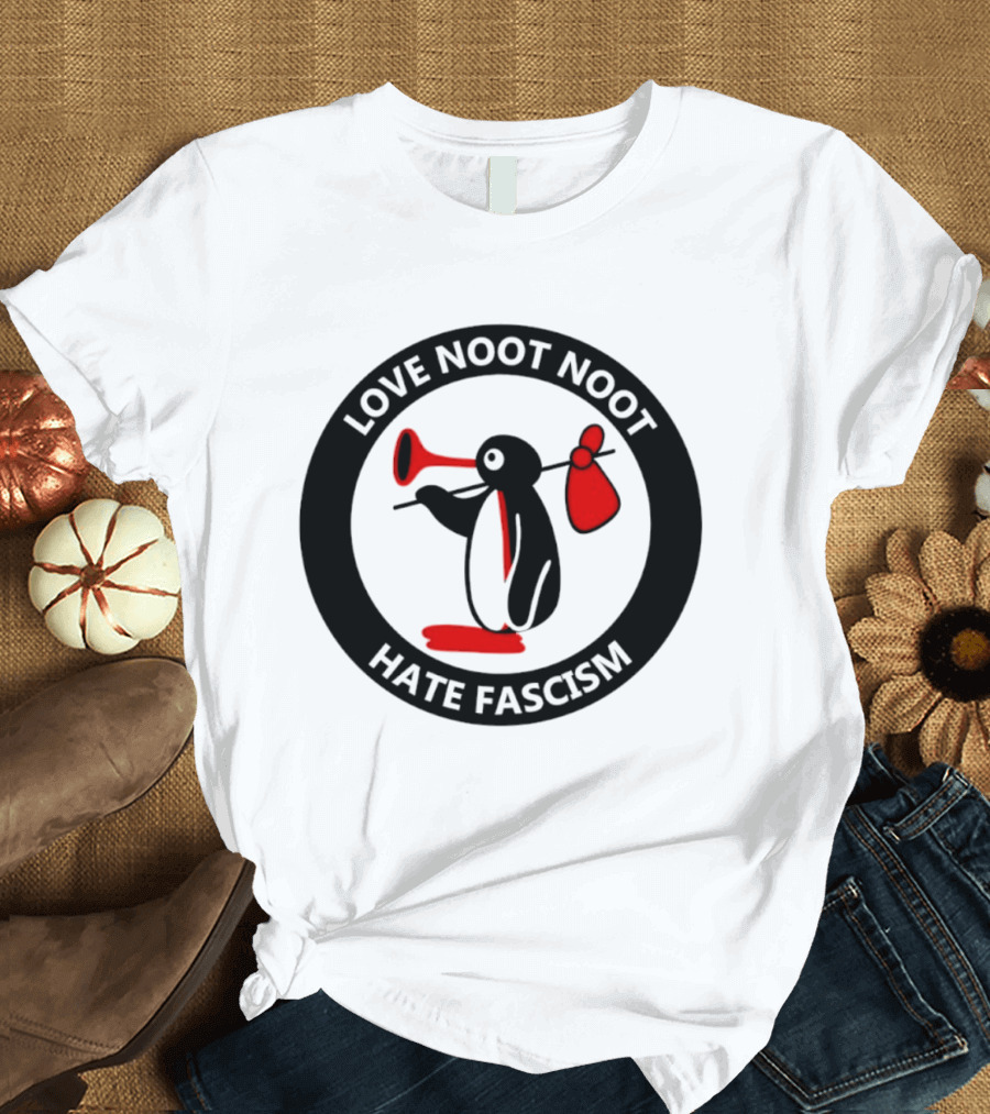 Love Noot Noot Hate Fascism Penguin Carrying Red Bag T-Shirt