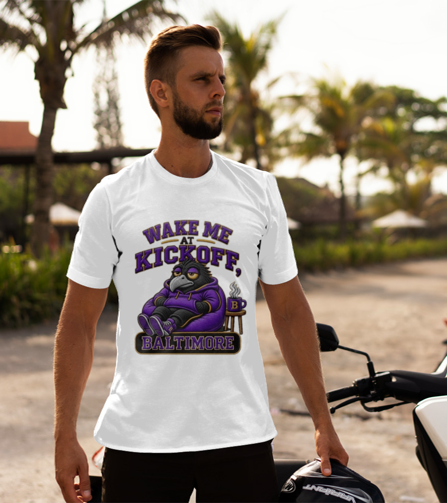 Wake Me At Kickoff Baltimore Purple Bird With Coffee T-Shirt
