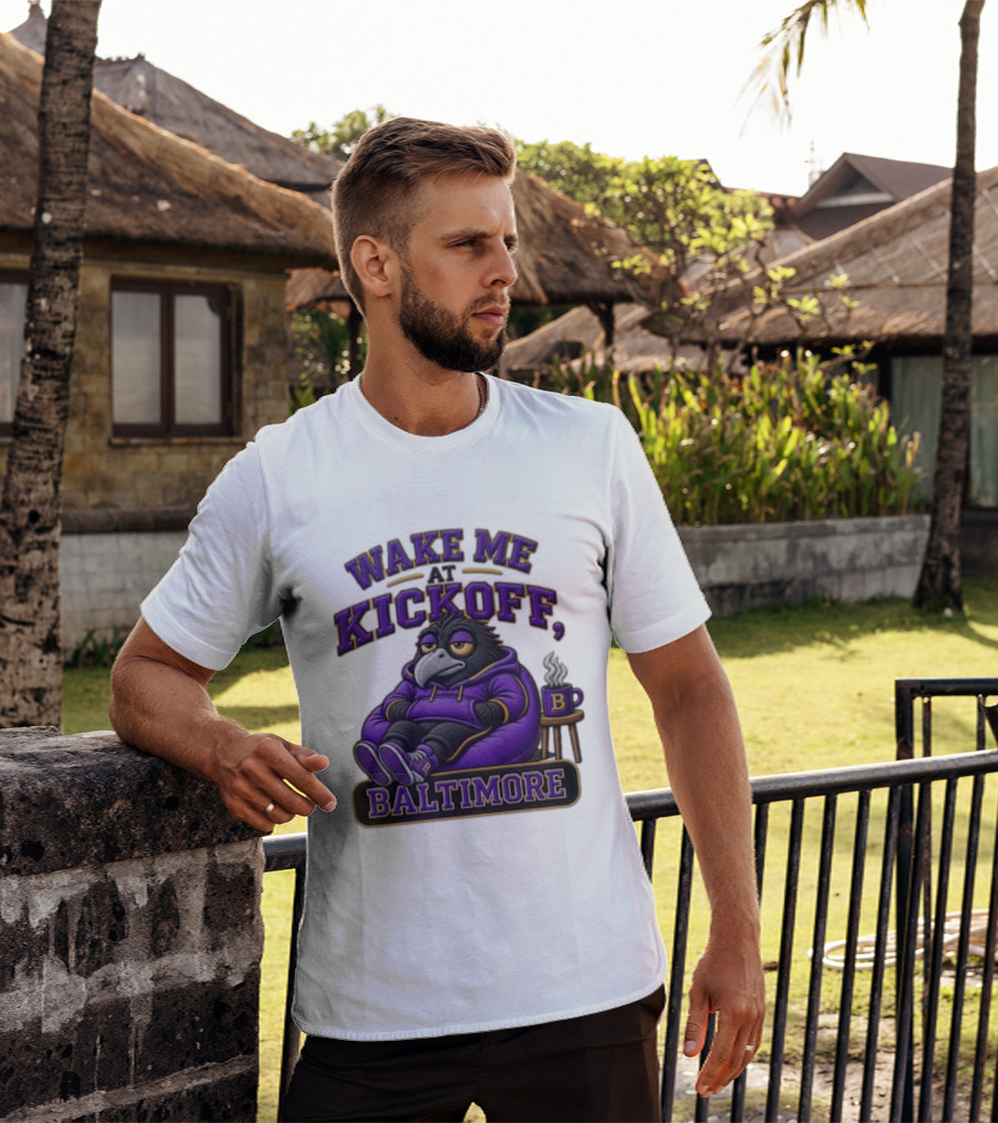 Wake Me At Kickoff Baltimore Purple Bird With Coffee T-Shirt