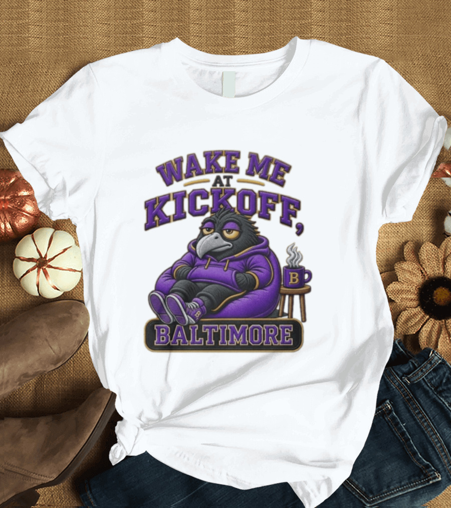 Wake Me At Kickoff Baltimore Purple Bird With Coffee T-Shirt
