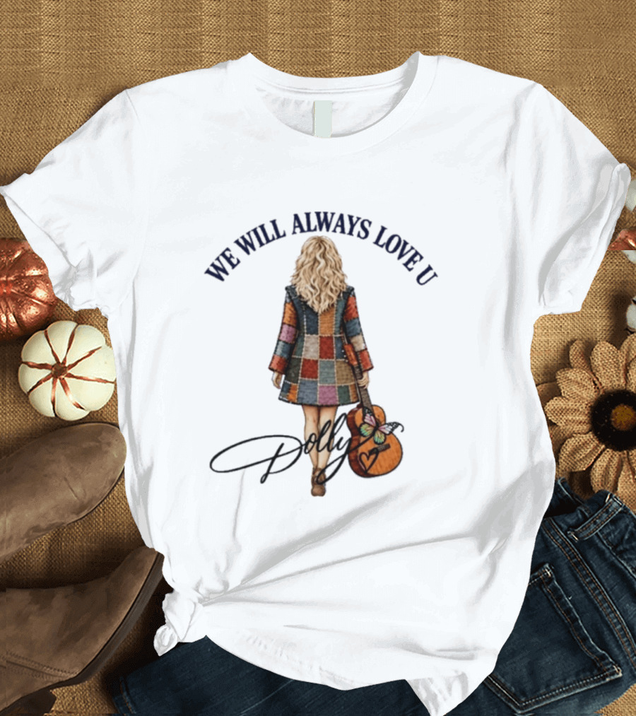 We Will Always Love U Dolly Retro Patchwork Guitar T-Shirt