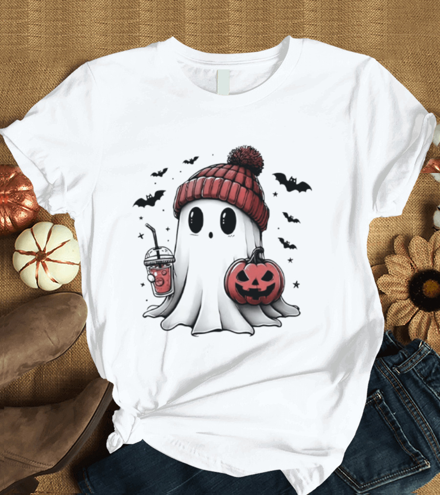 Ghost In Beanie With Pumpkin And Coffee Halloween 2026 T-Shirt