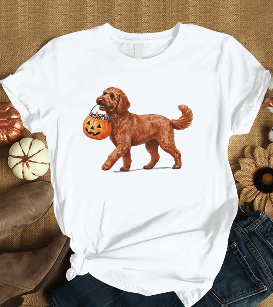 Goldendoodle Halloween Spooky Dog 2026 Pumpkin Treat Bucket T-Shirt