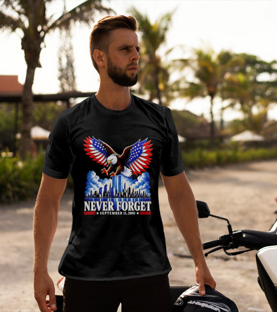 Never Forget September 11 2001 Eagle American Flag Twin Towers Memorial T-Shirt