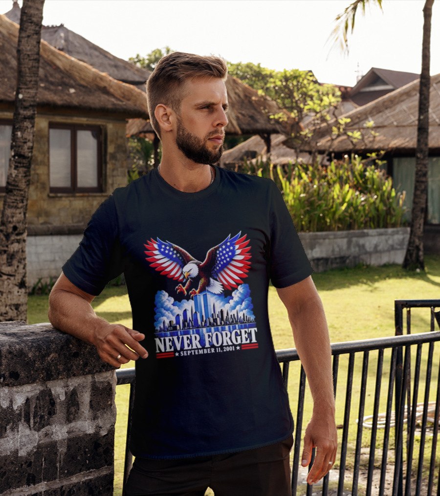 Never Forget September 11 2001 Eagle American Flag Twin Towers Memorial T-Shirt