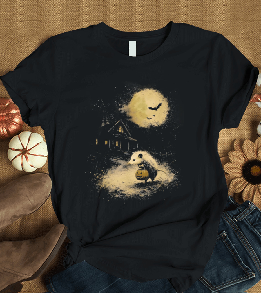 Opossum Halloween 2026 Pumpkin Spooky Moon Haunted House Scene T-Shirt
