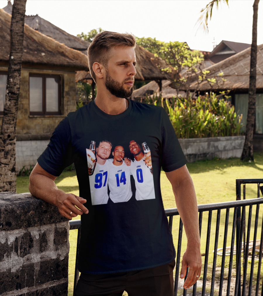 Detroit Lions Aidan Hutchinson Amon Ra St. Brown Jahmyr Gibbs Holding Beer Bottles Smoking Celebration T-Shirt