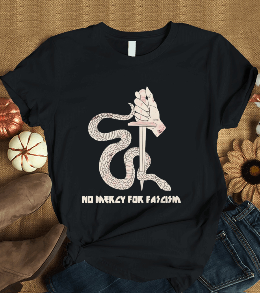 No Mercy For Fascism Snake Winding Around Dagger And Hand T-Shirt