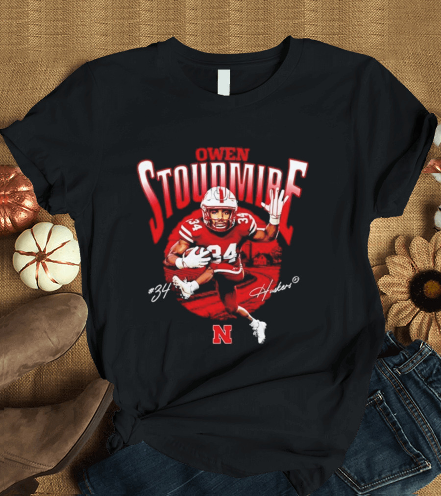 Owen Stoudmire 34 Nebraska Cornhuskers Football Player Caricature Huskers Signature T-Shirt