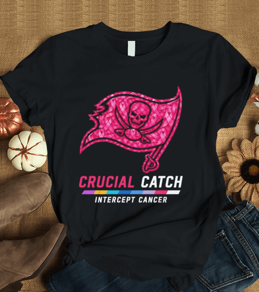 Tampa Bay Buccaneers 2026 Crucial Catch Intercept Cancer Pink Ribbon Flag T-Shirt