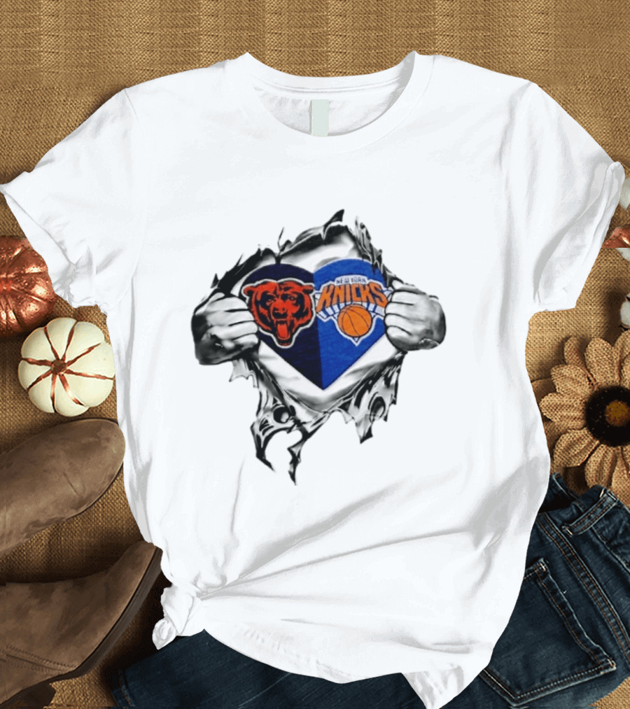 Chicago Bears New York Knicks Heart Symbol Fan Pride Collaboration T-Shirt
