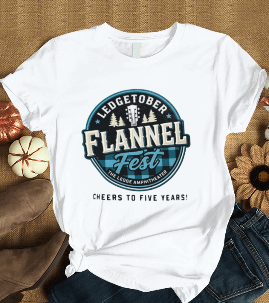 LedgeTober Flannel Fest The Ledge Amphitheater Cheers To Five Years Celebration With Trees And Guitar T-Shirt