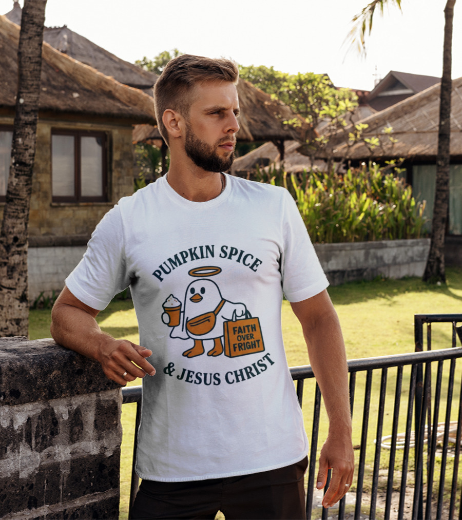 Pumpkin Spice Jesus Christ Faith Over Fright Angelic Penguin Coffee T-Shirt