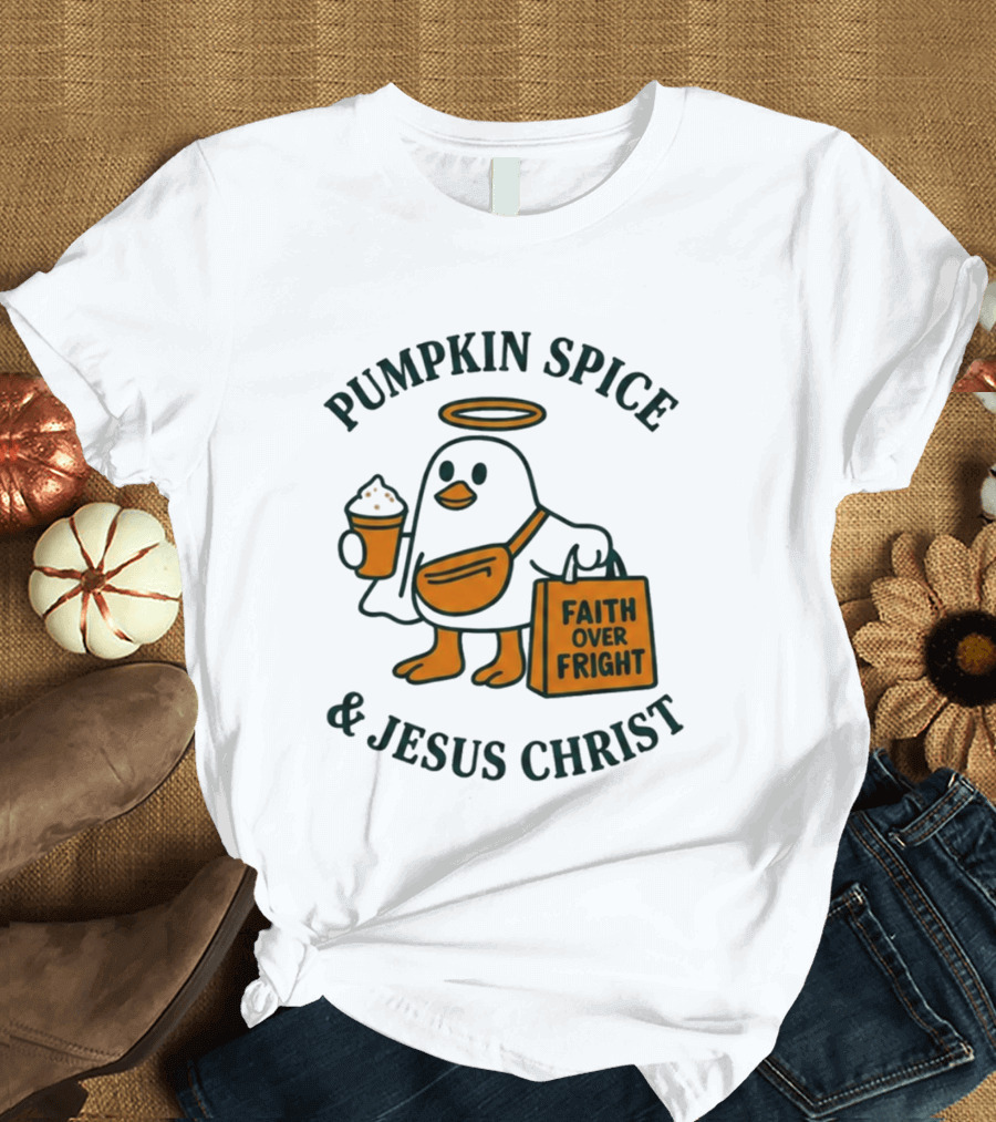 Pumpkin Spice Jesus Christ Faith Over Fright Angelic Penguin Coffee T-Shirt