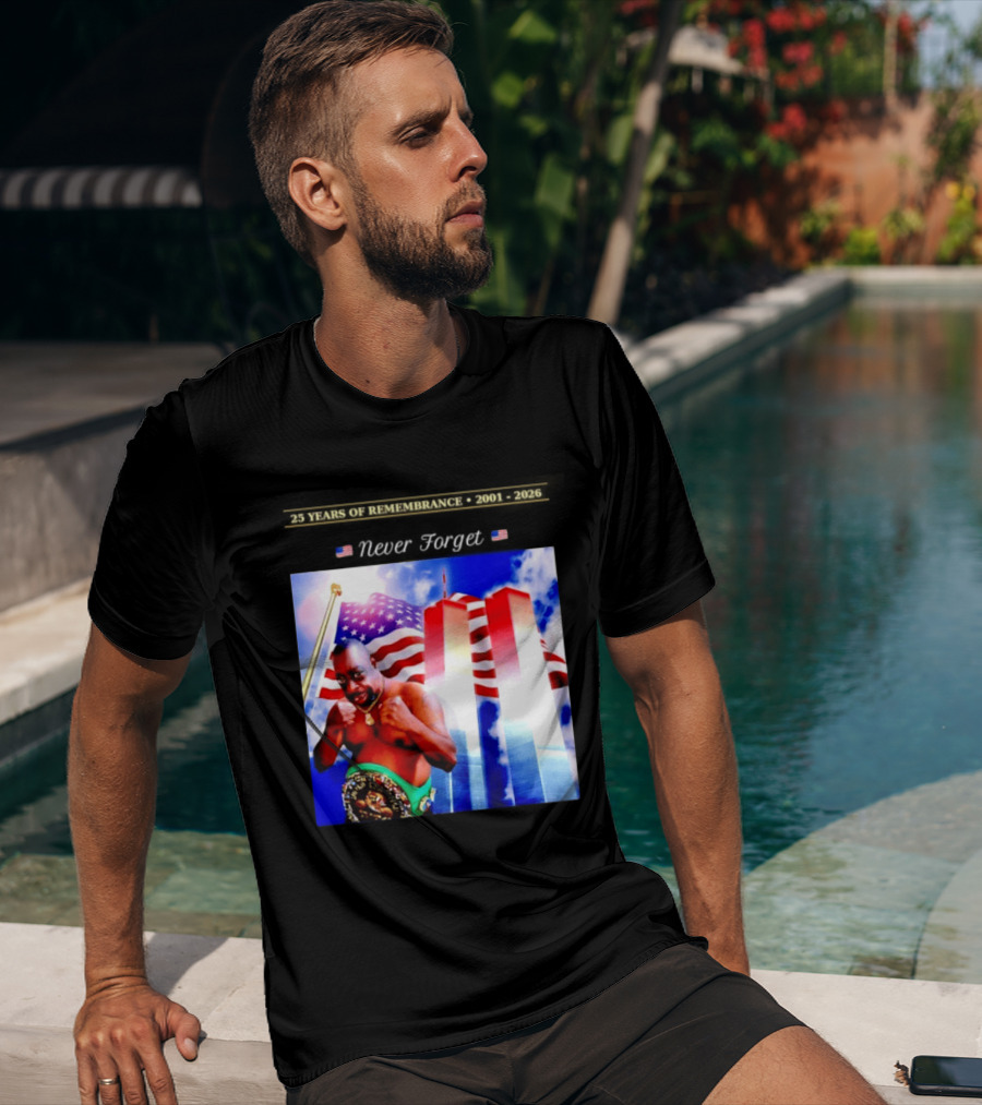 25 Years Of Remembrance 2001 2026 Beetlejuice Never Forget Twin Towers Boxing Belt American Flag T-Shirt