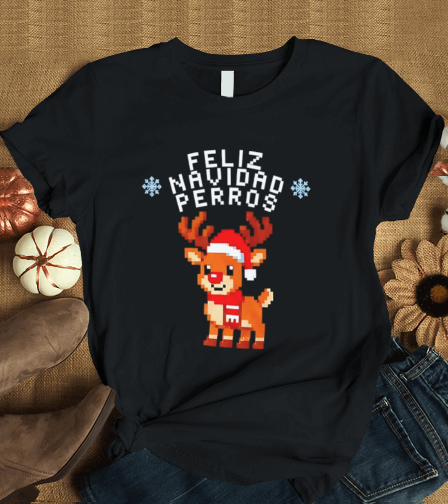 Feliz Navidad Perros Pixel Art Christmas Reindeer T-Shirt