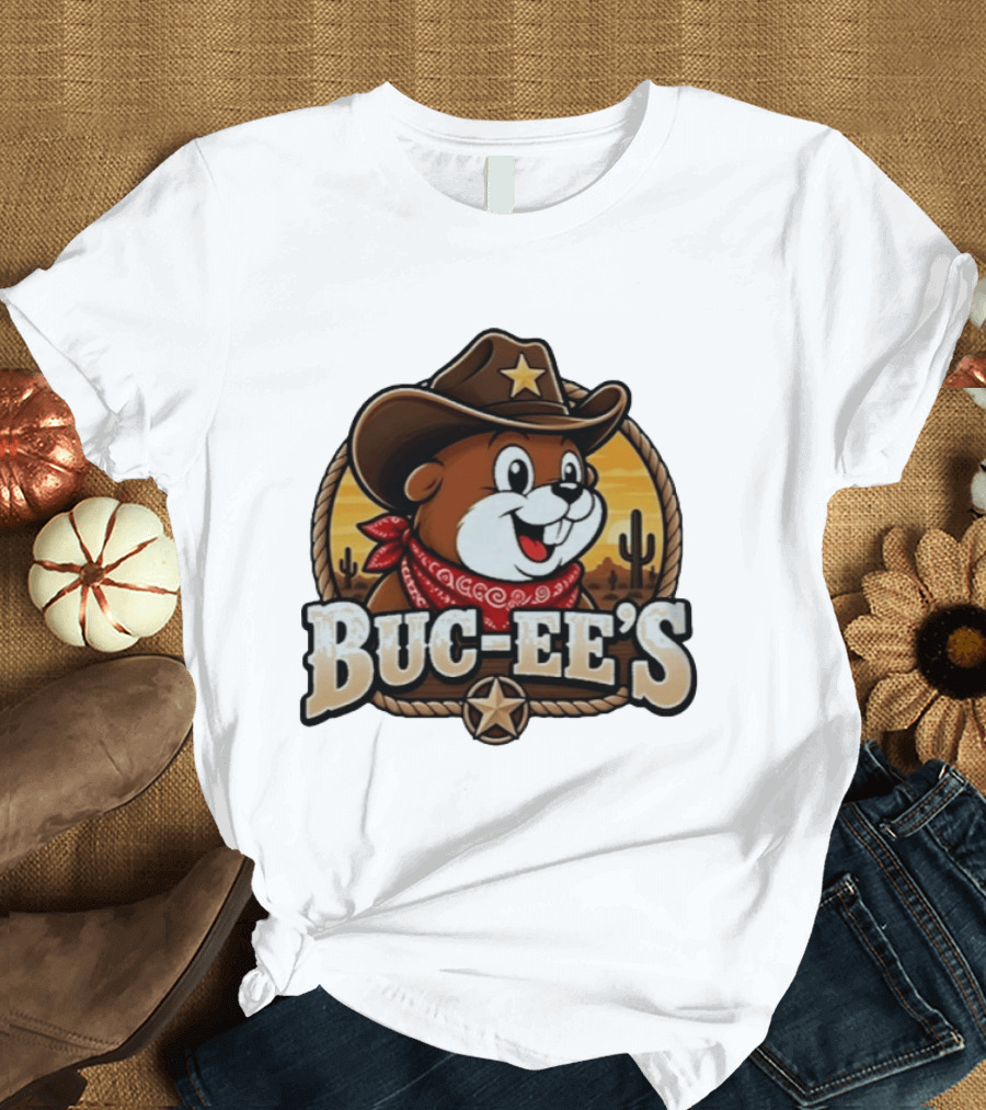 Buc Ee's Cowboy Howdy Beaver Star Bandana Cacti Desert Scene T-Shirt