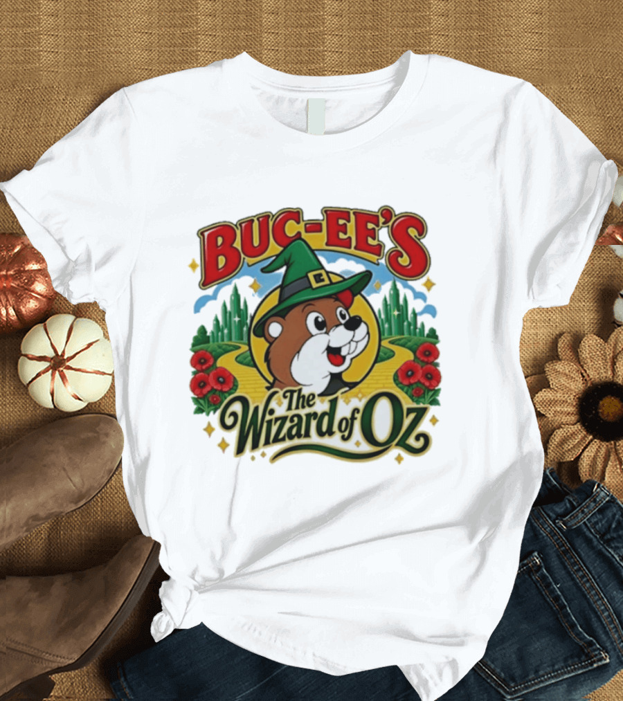 Buc Ee's The Wizard Of Oz Themed Parody With Beaver In Green Hat And Yellow Brick Road T-Shirt