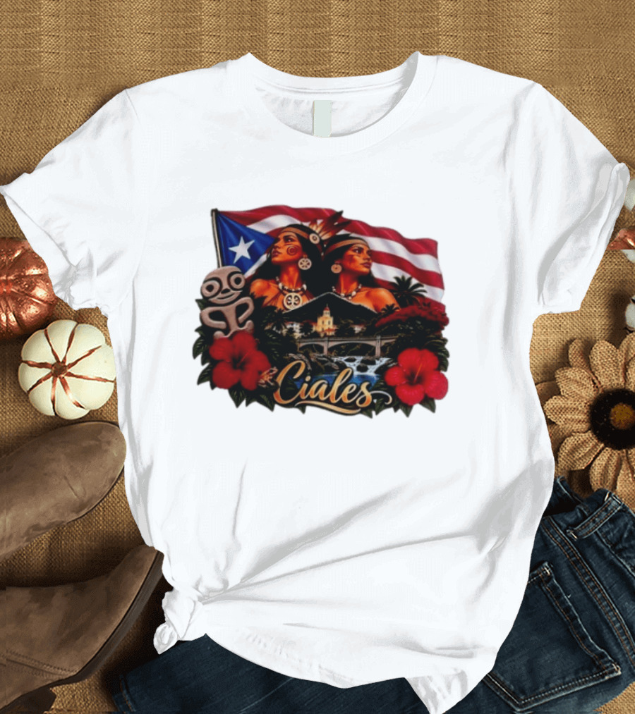 Ciales Puerto Rico Taino Women With Flag Hibiscus Flowers And Indigenous T-Shirt