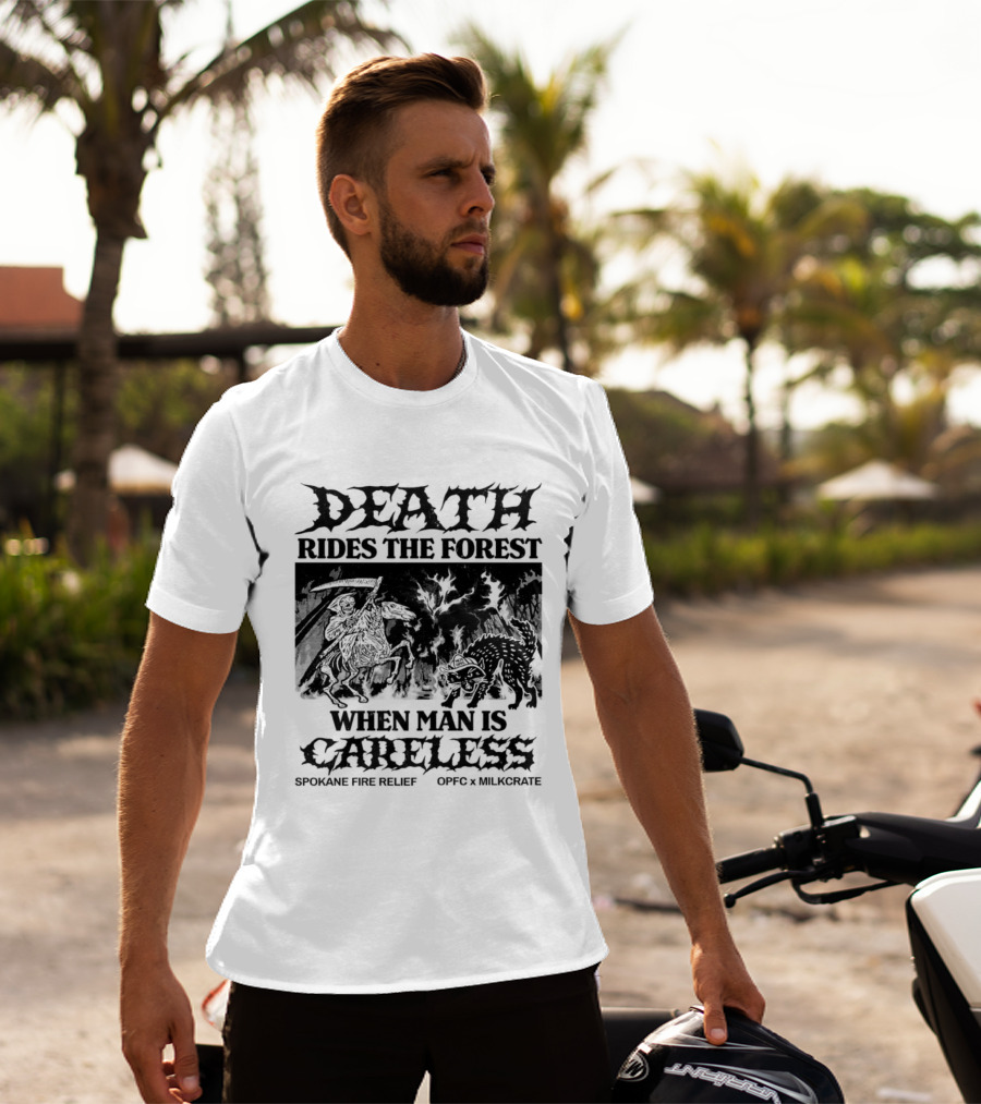 Death Rides The Forest When Man Is Careless Spokane Fire Relief OPFC X Milkcrate White T-Shirt