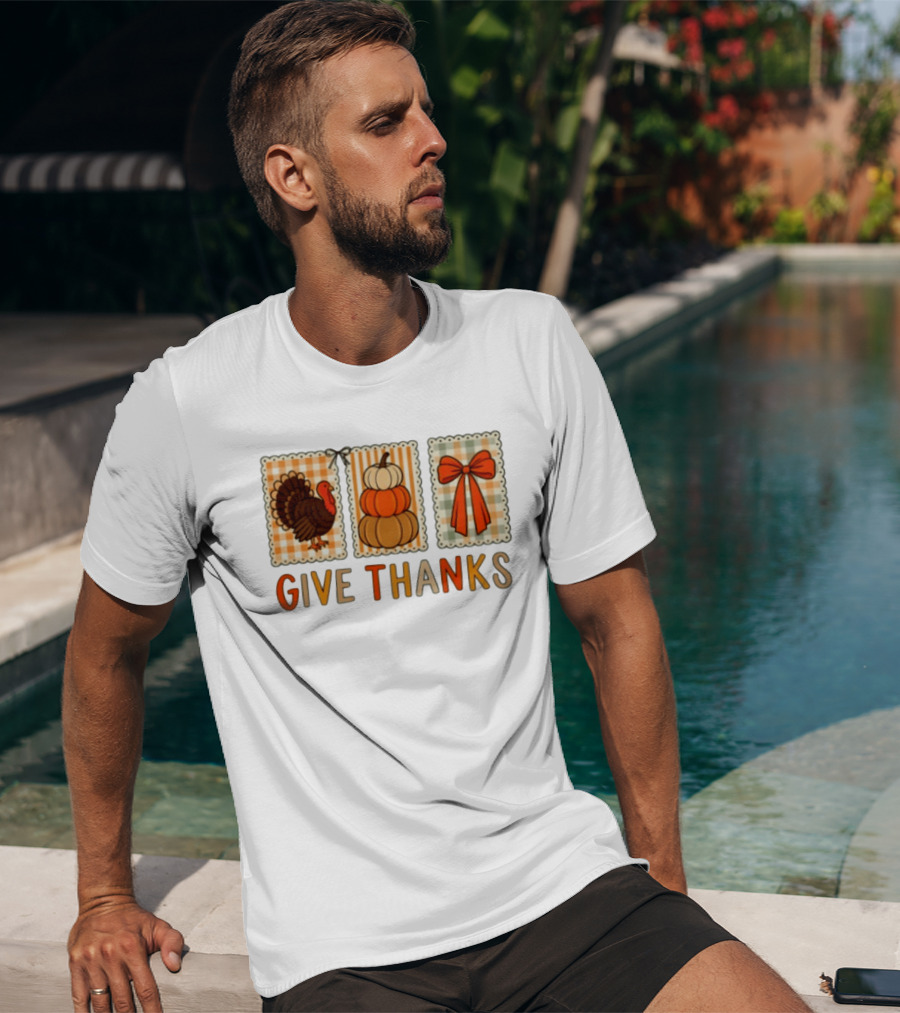 Thanksgiving Give Thanks Turkey Pumpkin Bow Harvest Celebration T-Shirt