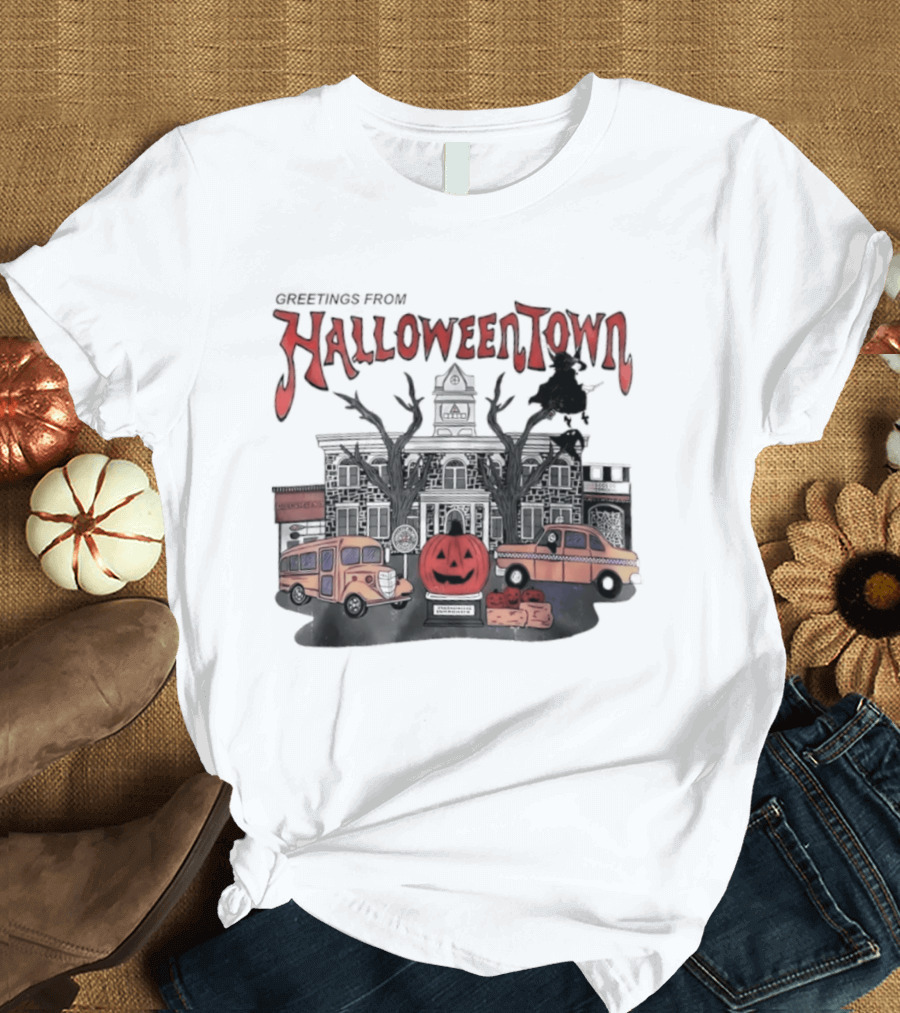 Greetings From Halloweentown Pumpkin Bus Witches Taxi T-Shirt