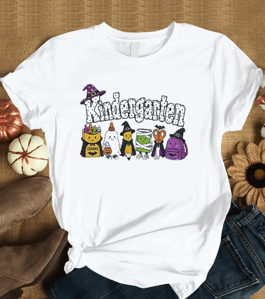 Kindergarten Crayons Ghost Bat Pumpkin Mummy Scissors Backpack Halloween T-Shirt