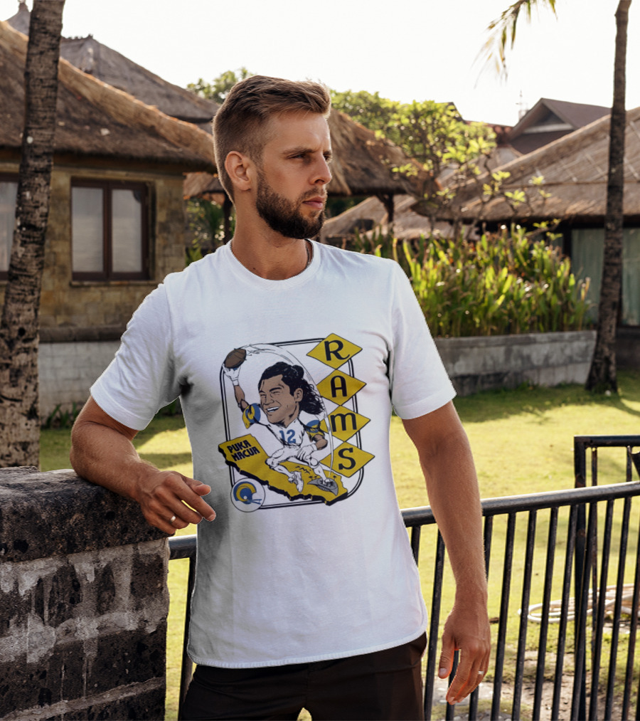 Los Angeles Rams Puka Nacua Caricature Football Player California Map T-Shirt