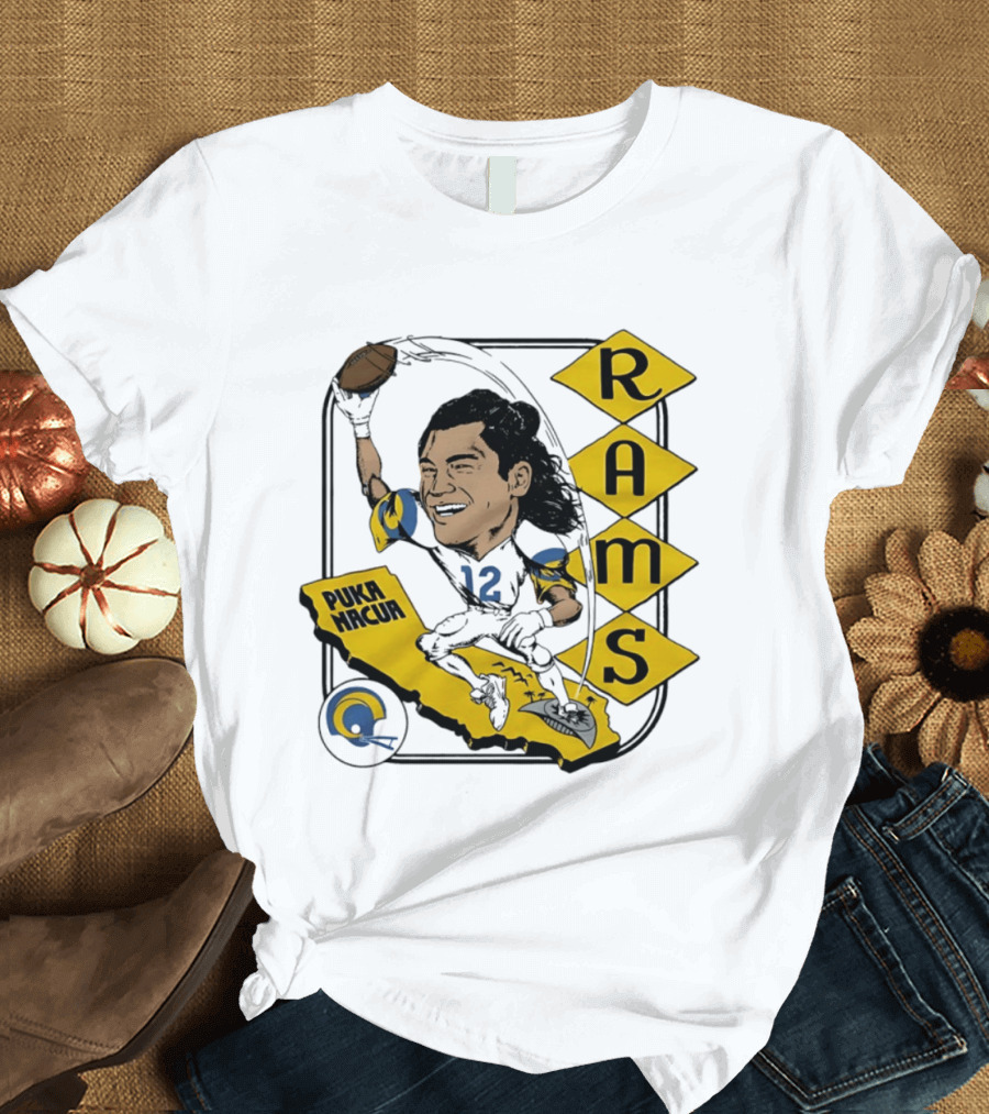 Los Angeles Rams Puka Nacua Caricature Football Player California Map T-Shirt
