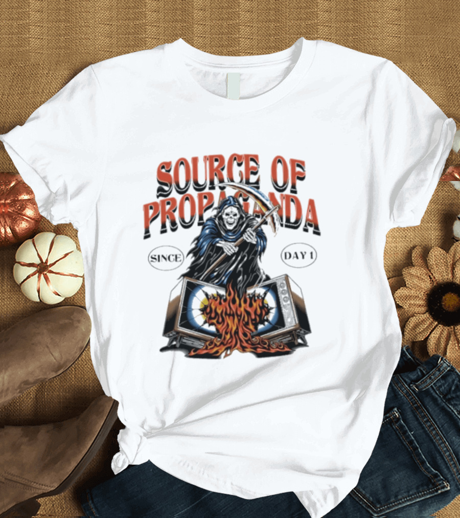 Source Of Propaganda Since Day 1 Grim Reaper Over Burning Television T-Shirt