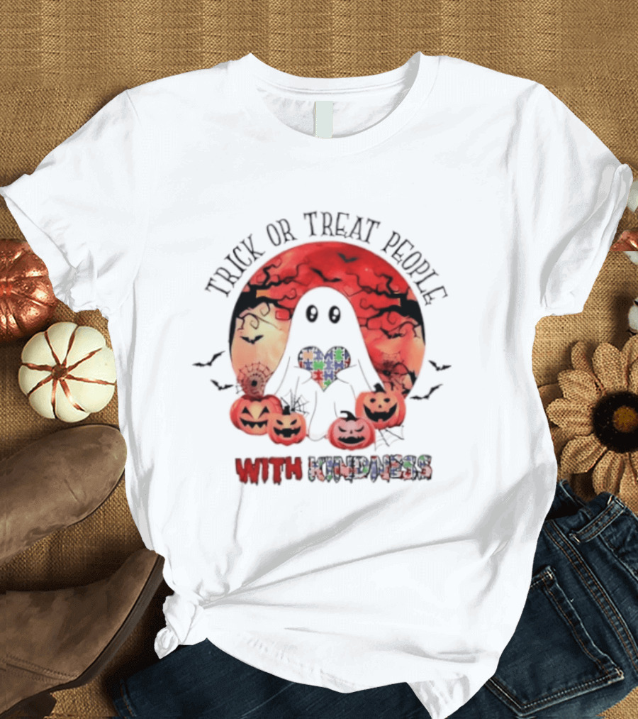 Trick Or Treat People With Kindness Autism Awareness Halloween Ghost Pumpkins T-Shirt