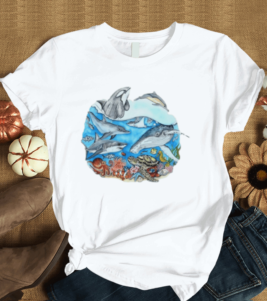 World Oceans Day Marine Life Dolphins Whales Turtles Octopus Coral Sea Animals Conservation T-Shirt