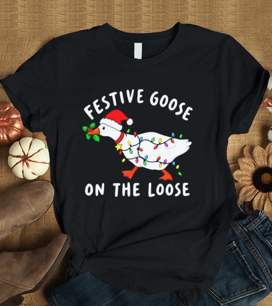Festive Goose On The Loose With Christmas Lights And Santa Hat T-Shirt