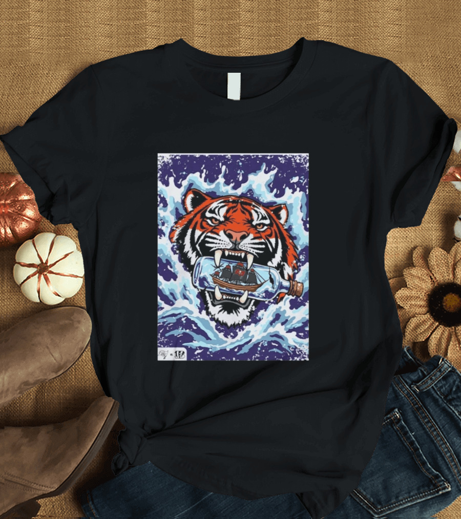 Bengals Vs Buccaneers Tiger And Pirate Ship Battle In A Bottle T-Shirt
