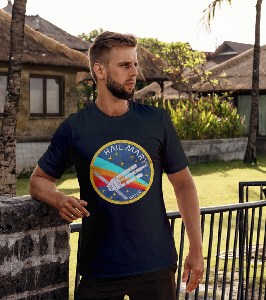 Hail Mary Grace Project Space Mission Emblem Retro Rocket T-Shirt