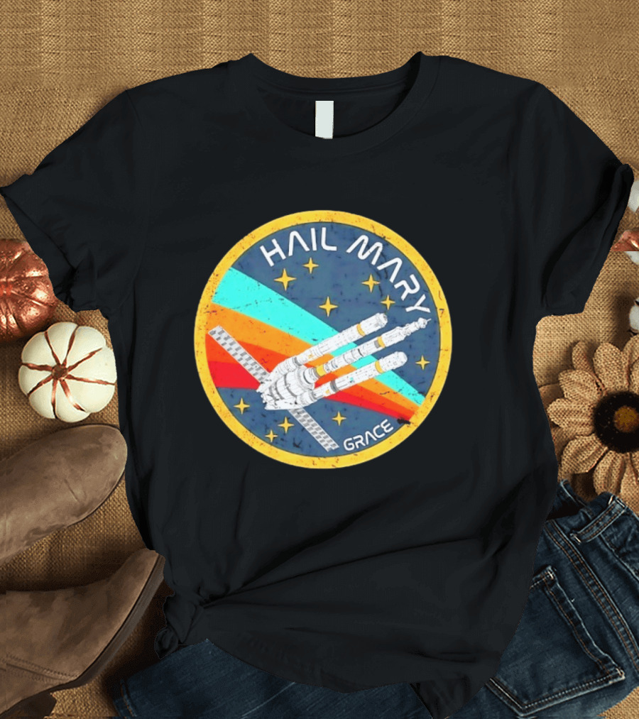 Hail Mary Grace Project Space Mission Emblem Retro Rocket T-Shirt