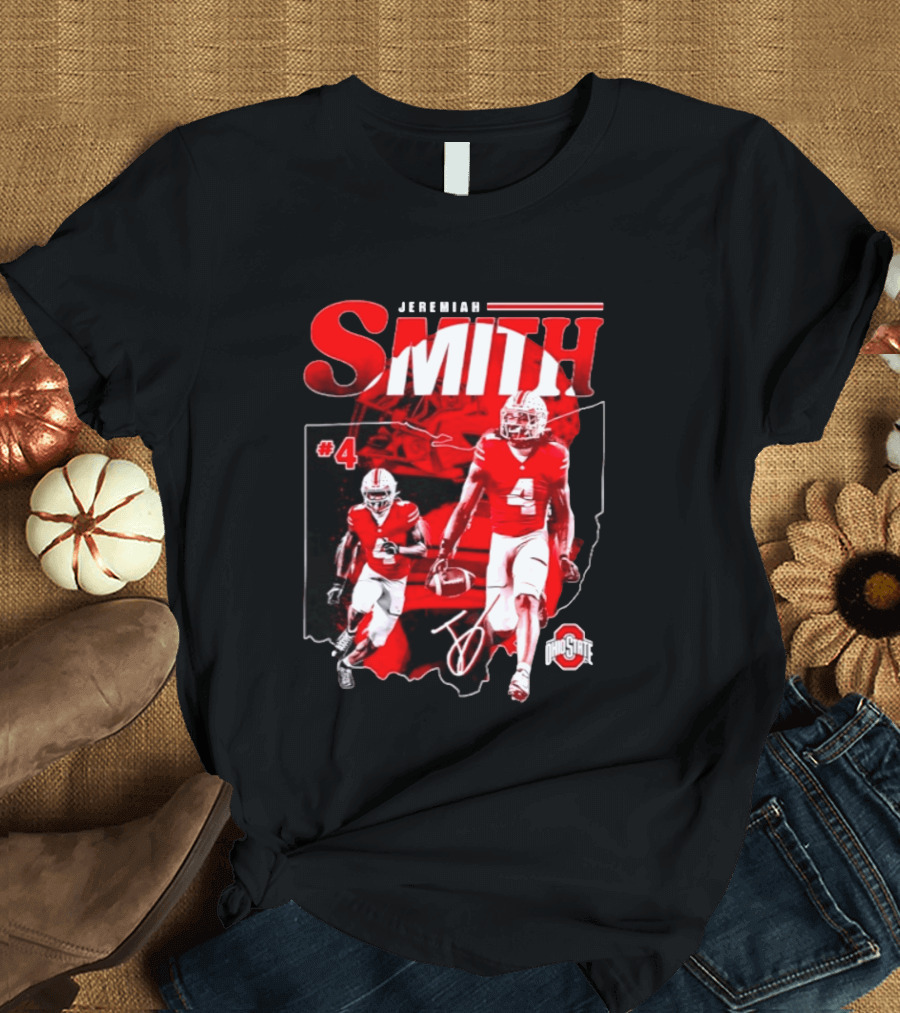 Jeremiah Smith #4 Ohio State Buckeyes Football NCAA Player Ohio Map T-Shirt